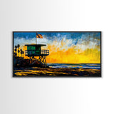 Lifeguard Tower, Sunset, Coast, Framed Canvas Print, California Beach Wall Art, Surf Decor, Vibrant Seaside Art, Coastal Home Decor