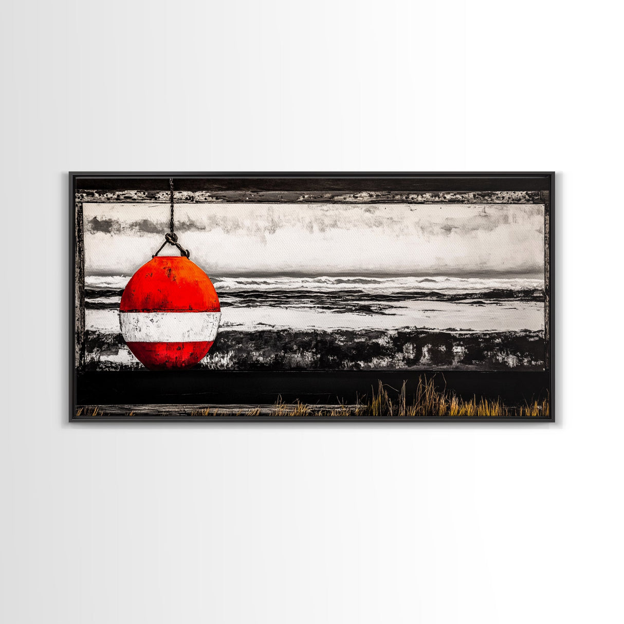 Red Buoy, Nautical, Coastal, Framed Canvas Print, Black and White Beach Scene, Ocean Wall Art, Maritime Decor, Fisherman’s House Artwork