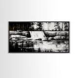 Waterfall Landscape, Black and White Nature Art, Forest Wall Decor, Rustic Art, Minimalist Landscape, Cabin Artwork, Framed Canvas Print