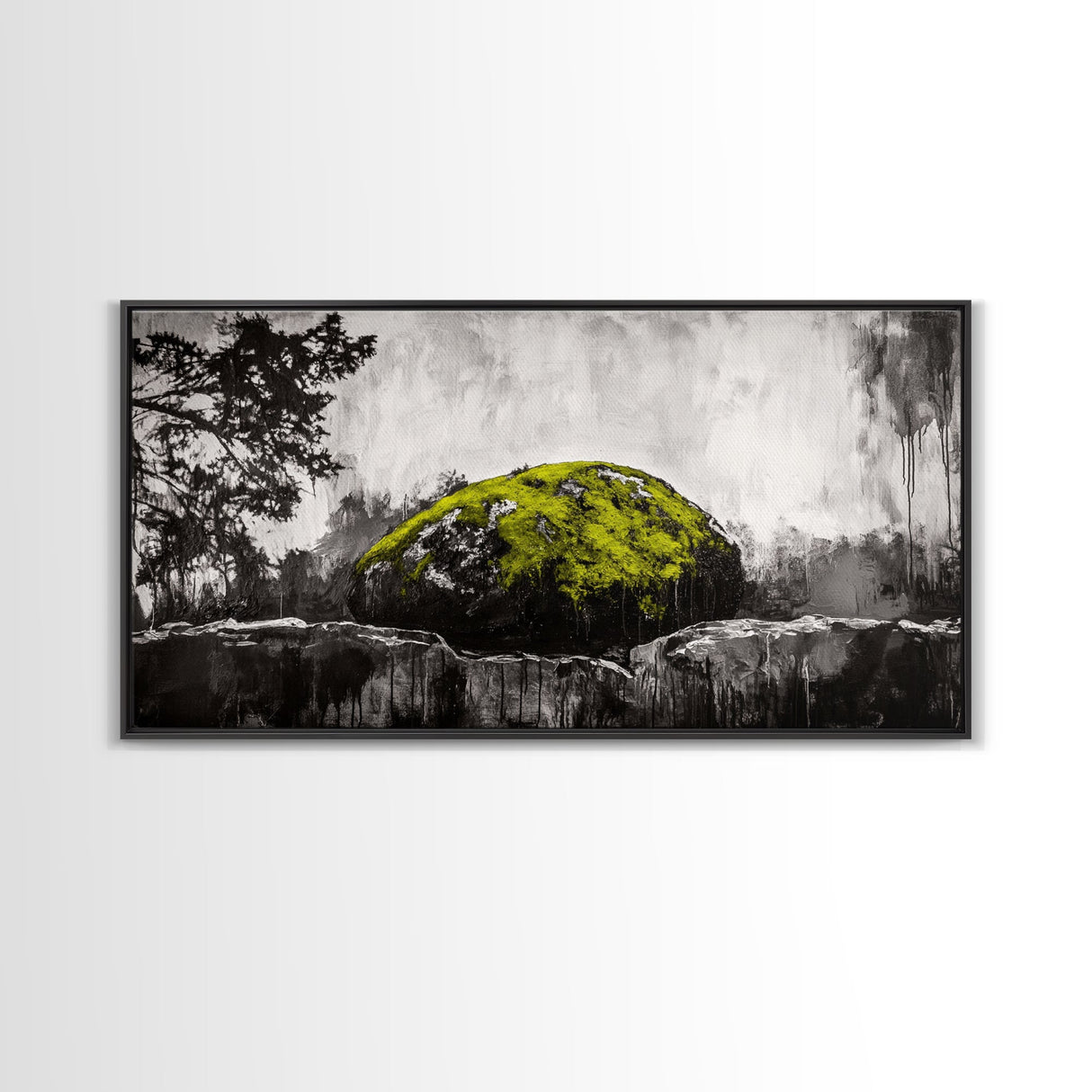 Mossy Rock, Abstract Nature, Green and Black Art, Canvas Print, Rustic Wall Decor, Boho Artwork, Modern Farmhouse Decor