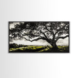 Oak Tree, Scenic Meadow, Black and White Landscape, Framed Canvas Print, Nature Wall Art, Large Canvas Artwork, Living Room Decor