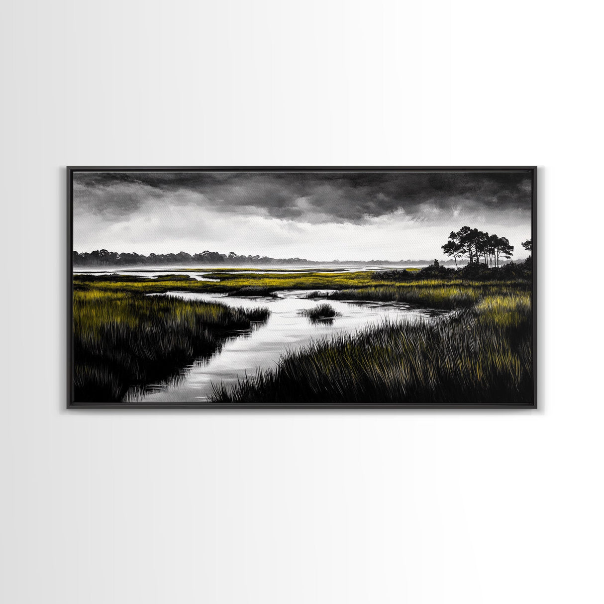 Marshland Scene, Serene Landscape, Black and White Nature Art, Modern Decor, Misty Grasslands, Living Room Artwork, Framed Canvas Print