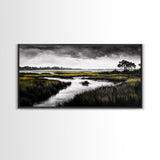 Marshland Scene, Serene Landscape, Black and White Nature Art, Modern Decor, Misty Grasslands, Living Room Artwork, Framed Canvas Print