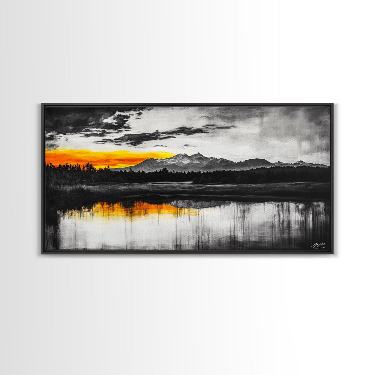 Sunset Reflection, Black and White, Framed Canvas Print, Nature Wall Art, Modern Landscape, Bold Decor, Living Room Art, Autumn Colors
