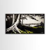 Forest Tree, Ocean View, Coastal Landscape, Canvas Print, Nature Wall Art, Black and White Art, Cabin Wall Decor, Rustic Wall Art
