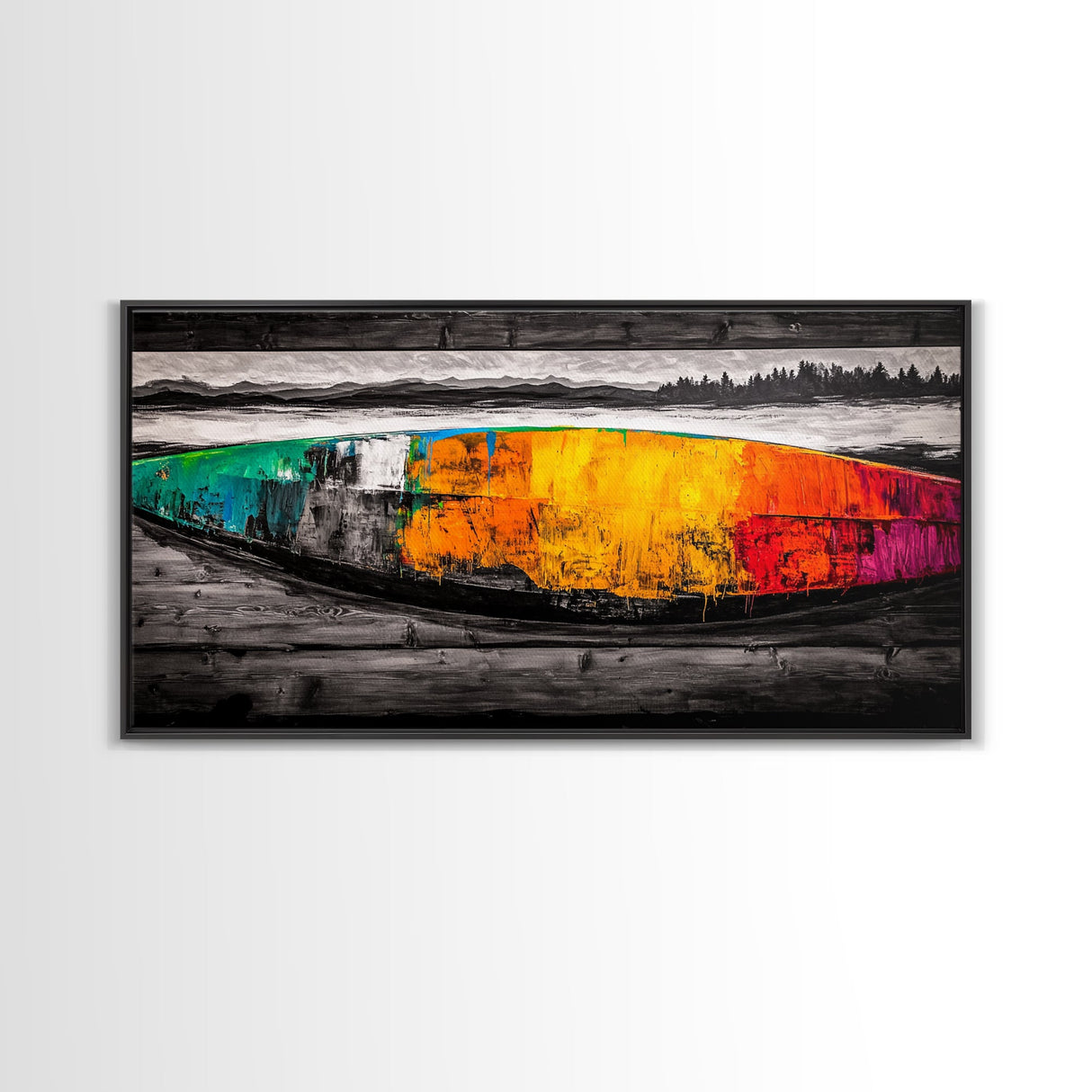 Abstract Canoe, Vibrant Boat Painting, Coastal Art, Modern Boho Decor, Colorful Wall Art, Framed Canvas Print, Dining Room Accent