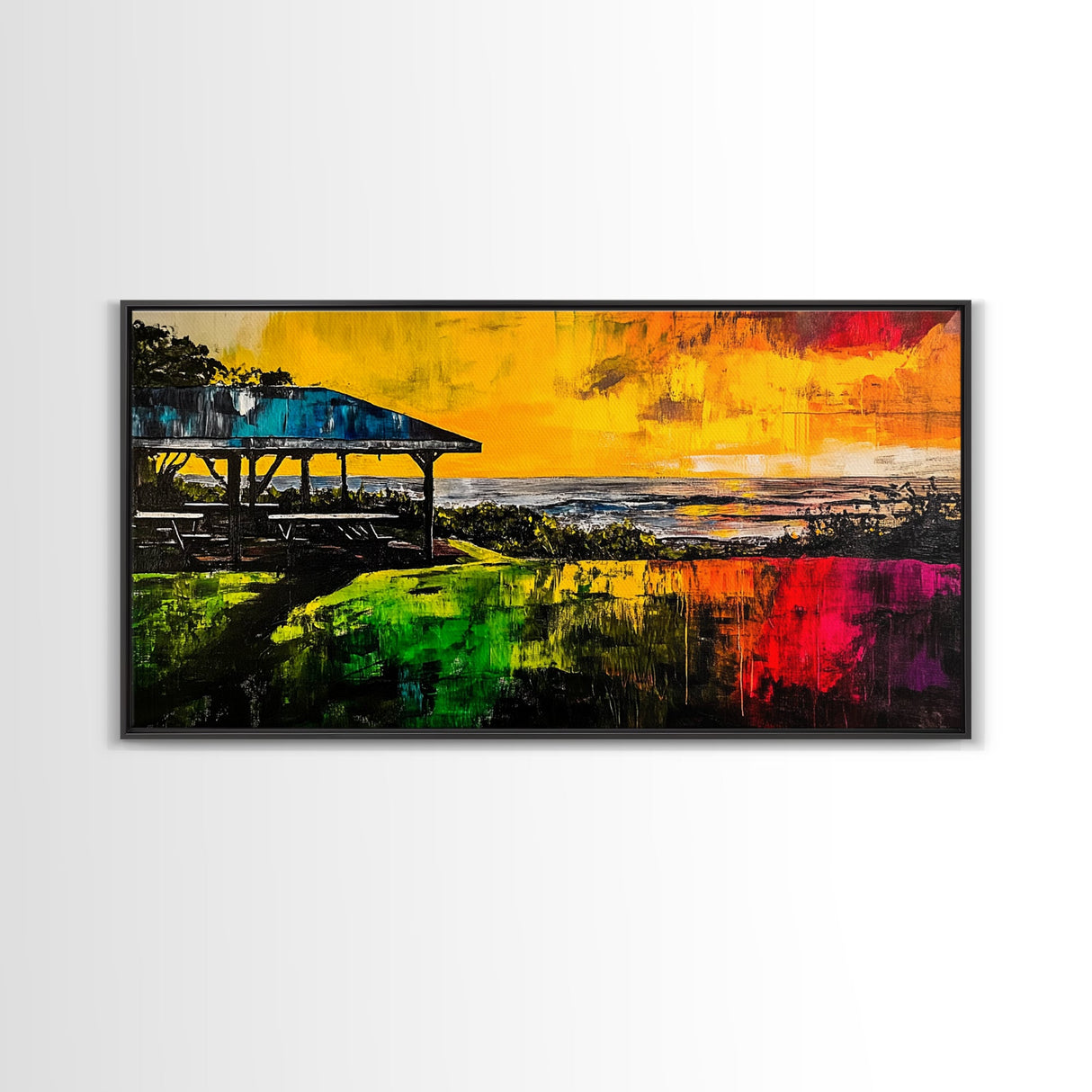 Sunset Pavilion, Coastal Art, Beach Painting, Framed Canvas Print, Vibrant Landscape, Ocean Sunset, Living Room Wall Art, Bold Colors