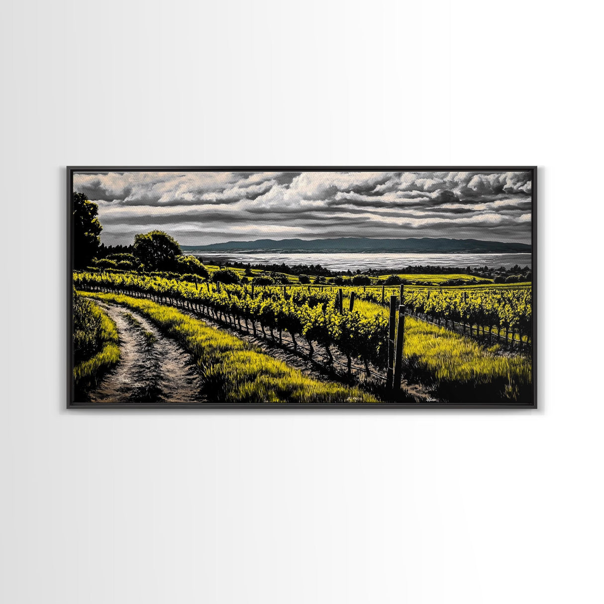 Vineyard View, Rolling Hills, Country Art, Framed Canvas Print, Rustic Landscape, Black White Yellow, Living Room Wall Art, Large Canvas