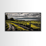 Vineyard View, Rolling Hills, Country Art, Framed Canvas Print, Rustic Landscape, Black White Yellow, Living Room Wall Art, Large Canvas