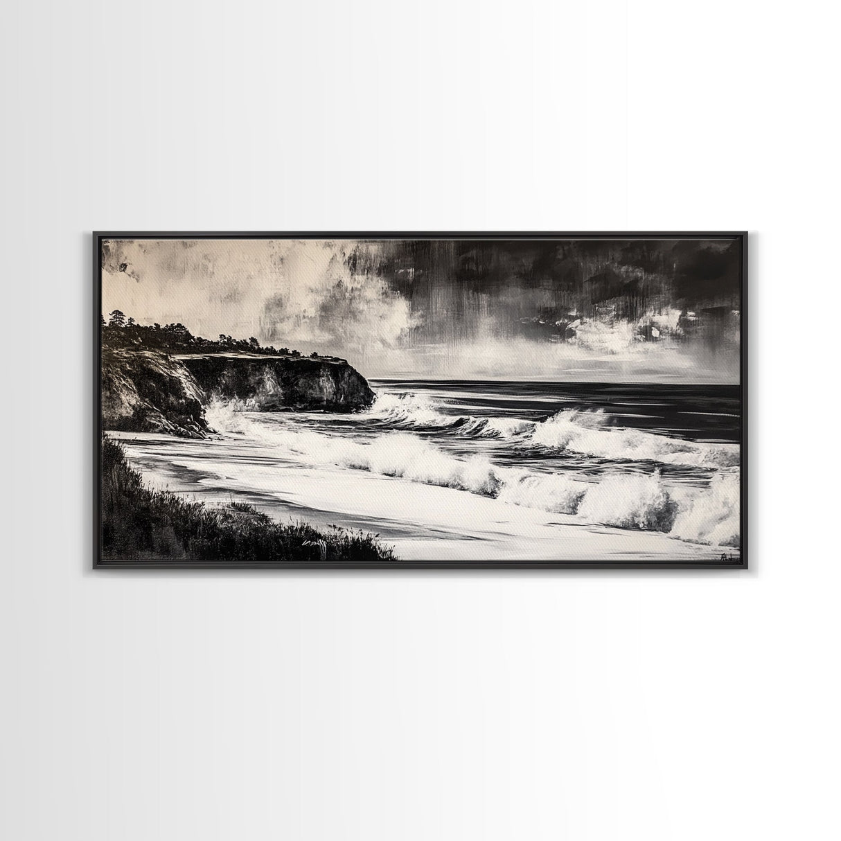 Ocean Waves, Coastal Landscape, Black and White, Framed Canvas Print, Nautical Wall Art, Minimalist Art, Living Room Wall Decor