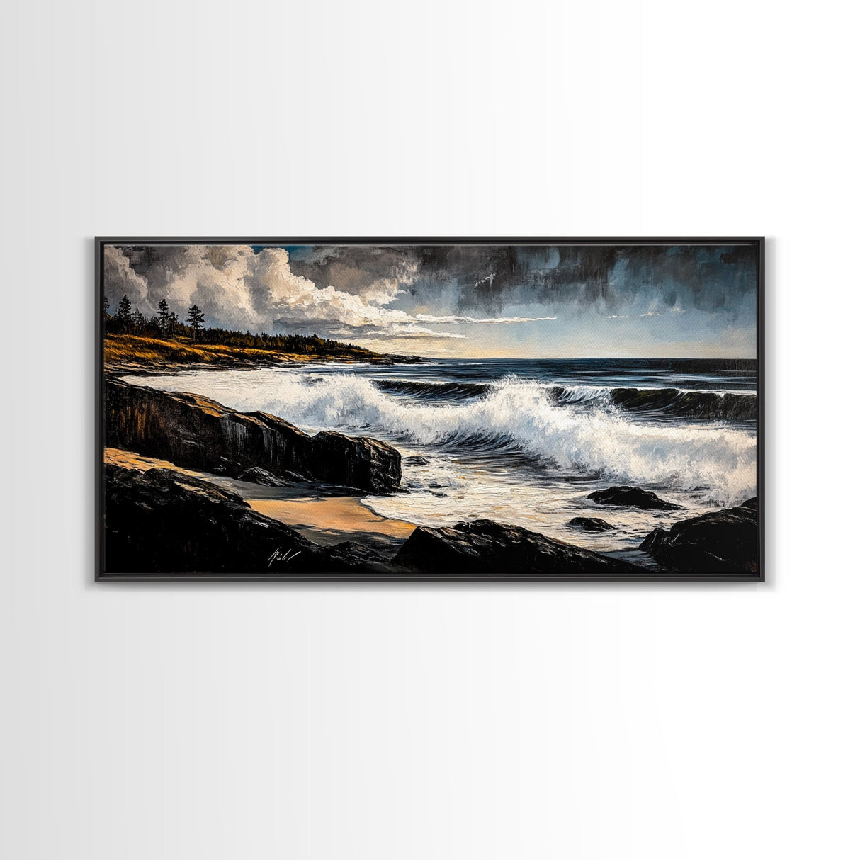 Stormy Waves, Dramatic Seascape, Moody Sky, Framed Canvas Print, Beach House Art, Living Room Wall Art, Modern Coastal Decor