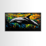 Dolphin, Ocean, Vibrant, Abstract, Framed Canvas Print, Colorful Sea Life Wall Art, Coastal Decor, Beach House Art, Nautical Theme