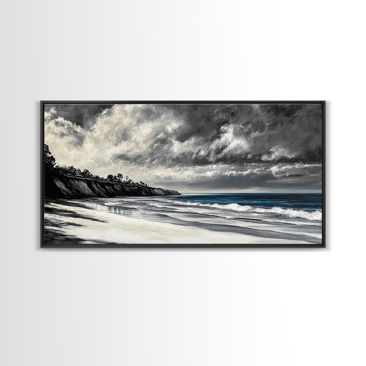 Moody Seascape, Stormy Ocean, Dramatic Sky, Beach Wall Art, Black and White Coastal Decor, Framed Canvas Print, Large Landscape Art