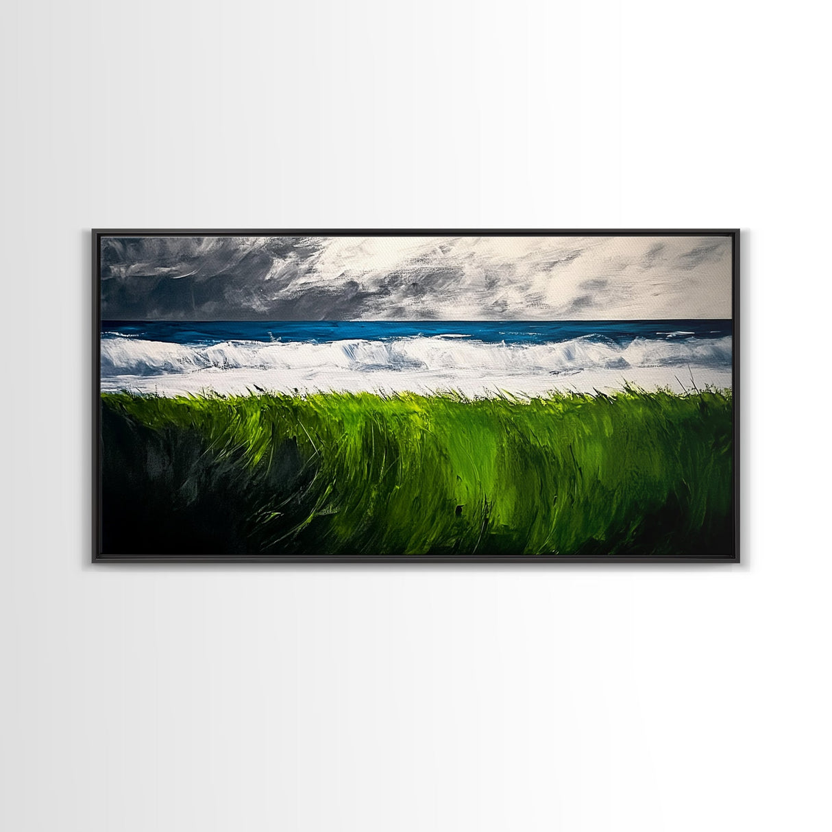 Ocean Waves, Beach Grass, Coastal Landscape, Serene Wall Art, Nature Inspired Home Decor, Framed Canvas Print, Living Room Art