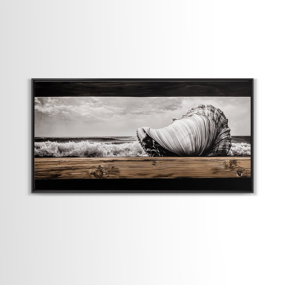 Seashell and Waves, Nautical Art, Coastal Beach Decor, Black and White Seascape, Ocean Home Art, Framed Canvas Print, Elegant Art