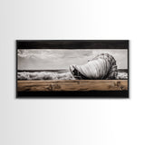 Seashell and Waves, Nautical Art, Coastal Beach Decor, Black and White Seascape, Ocean Home Art, Framed Canvas Print, Elegant Art