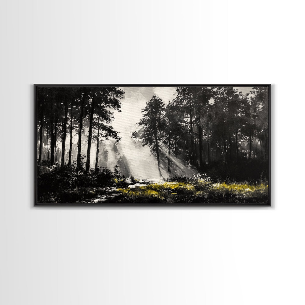 Misty Forest, Black and White, Nature Landscape, Framed Canvas Print, Tree Art, Moody Wall Decor, Rustic Cabin Art, Office Wall Art