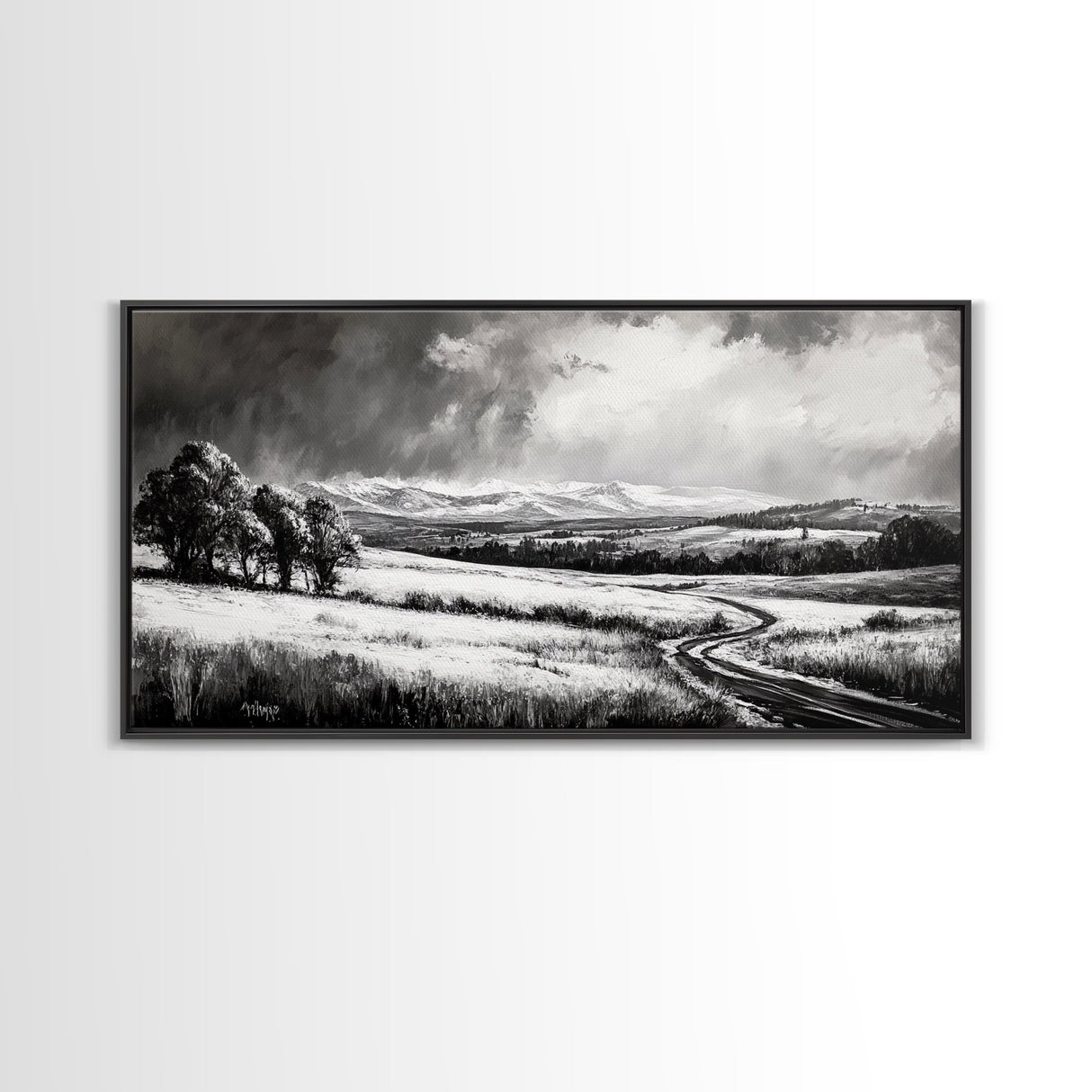Winter Landscape, Black White, Scenic Country Road, Framed Canvas Print, Serene Nature Art, Rustic Wall Decor, Bedroom Artwork