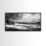 Winter Landscape, Black White, Scenic Country Road, Framed Canvas Print, Serene Nature Art, Rustic Wall Decor, Bedroom Artwork