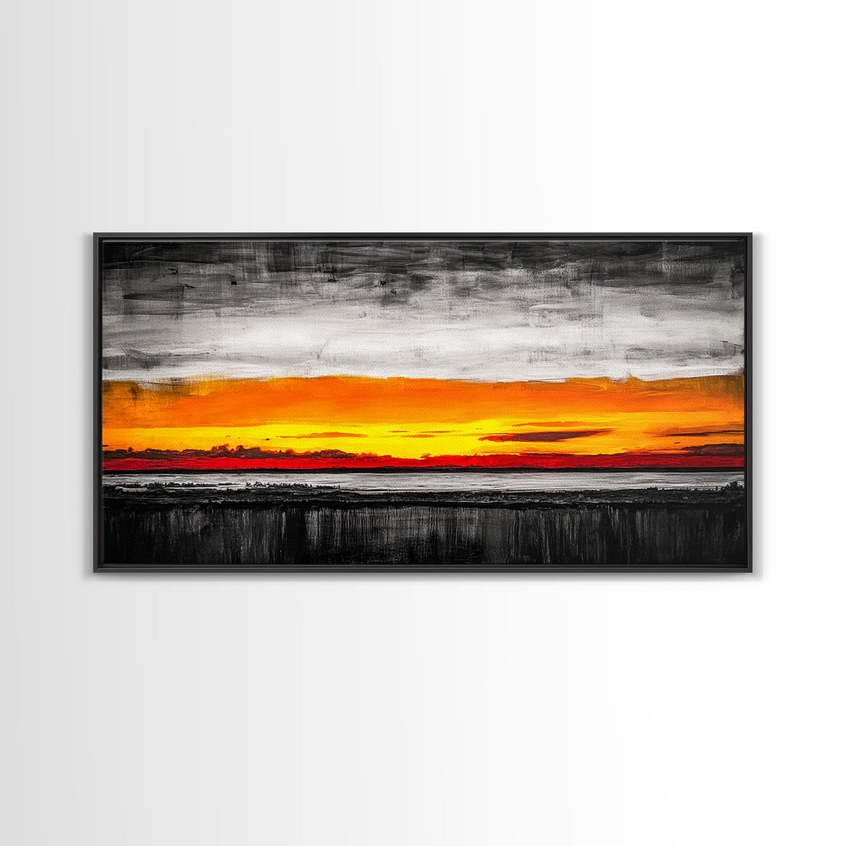 Fiery Sunset, Dramatic Sky, Abstract Landscape, Bold Colors, Modern Expressionism, Vibrant Wall Decor, Warm Tones, Framed Canvas Print