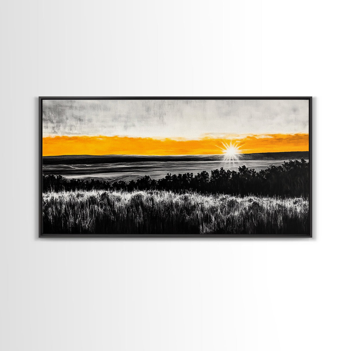 Sunrise Over Fields, Golden Light, Black and White Contrast, Tranquil Scene, Minimalist Wall Art, Warm Tones, Framed Canvas Print