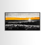 Sunrise Over Fields, Golden Light, Black and White Contrast, Tranquil Scene, Minimalist Wall Art, Warm Tones, Framed Canvas Print