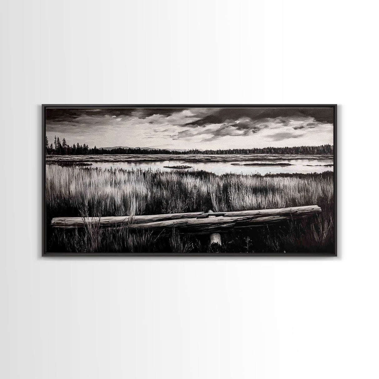 Marshland, Serene, Nature, Black and White, Framed Canvas Print, Landscape Painting, Rustic Wall Art, Cabin Decor, Neutral Tone Art