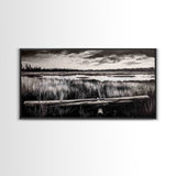 Marshland, Serene, Nature, Black and White, Framed Canvas Print, Landscape Painting, Rustic Wall Art, Cabin Decor, Neutral Tone Art