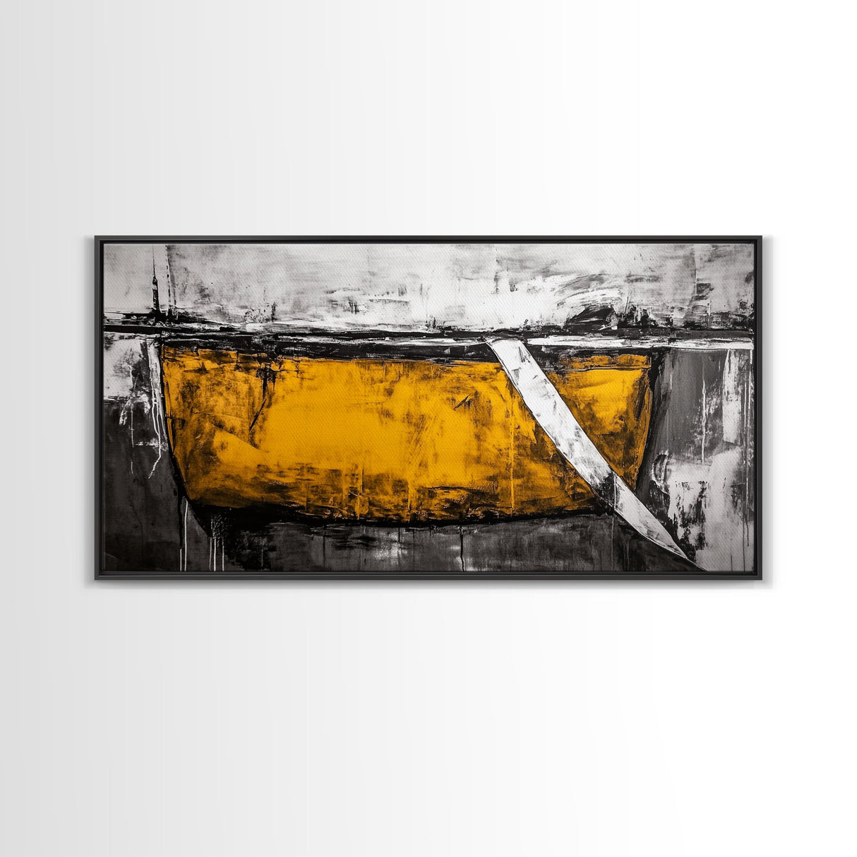 Minimalist Abstract, Yellow Black Art, Industrial Wall Decor, Urban Loft Accent, Framed Canvas Print, Modern Home Office Art
