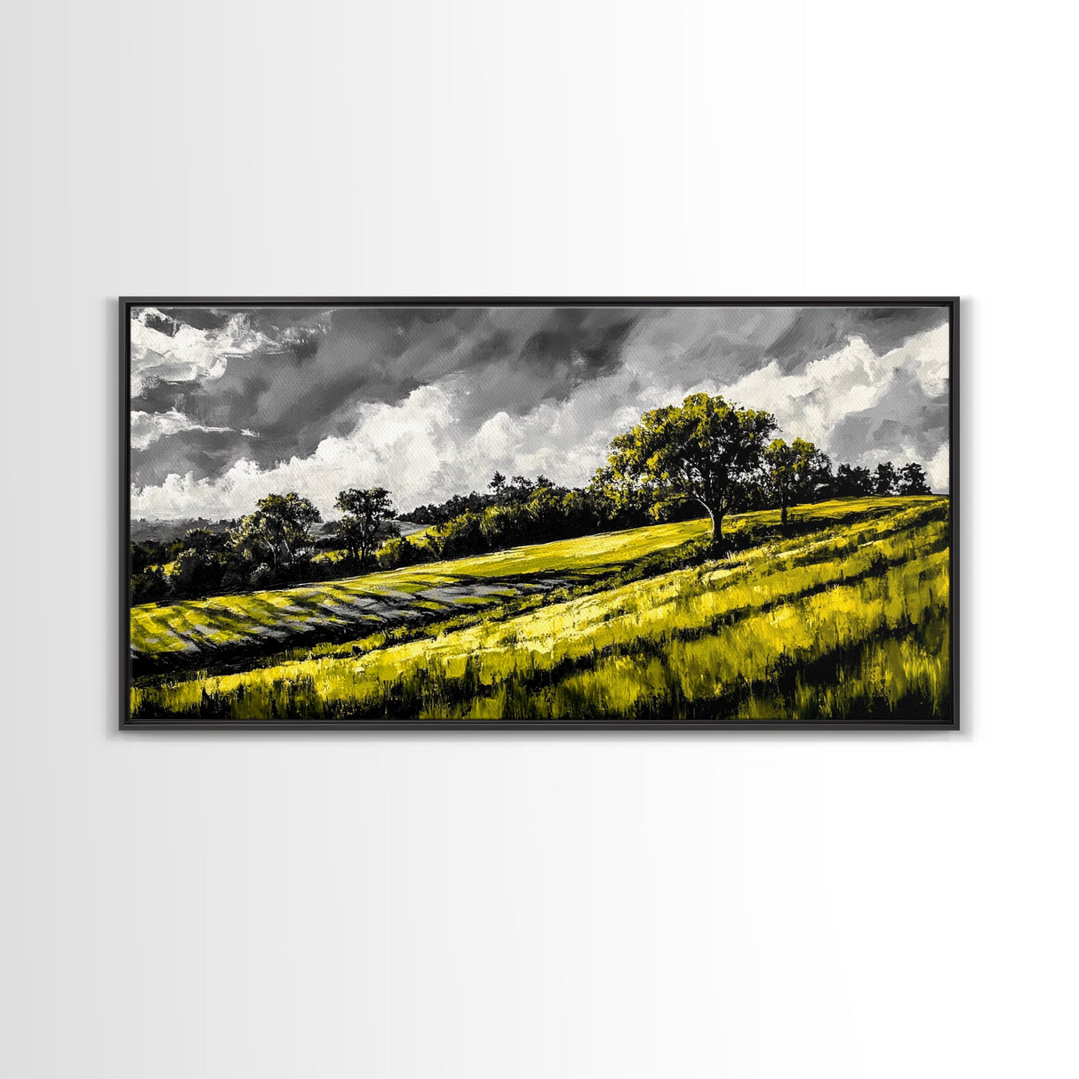 Rolling Hills Landscape, Peaceful Countryside Art, Green Field Painting, Rustic Home Decor, Framed Canvas Print, Serene Wall Accent