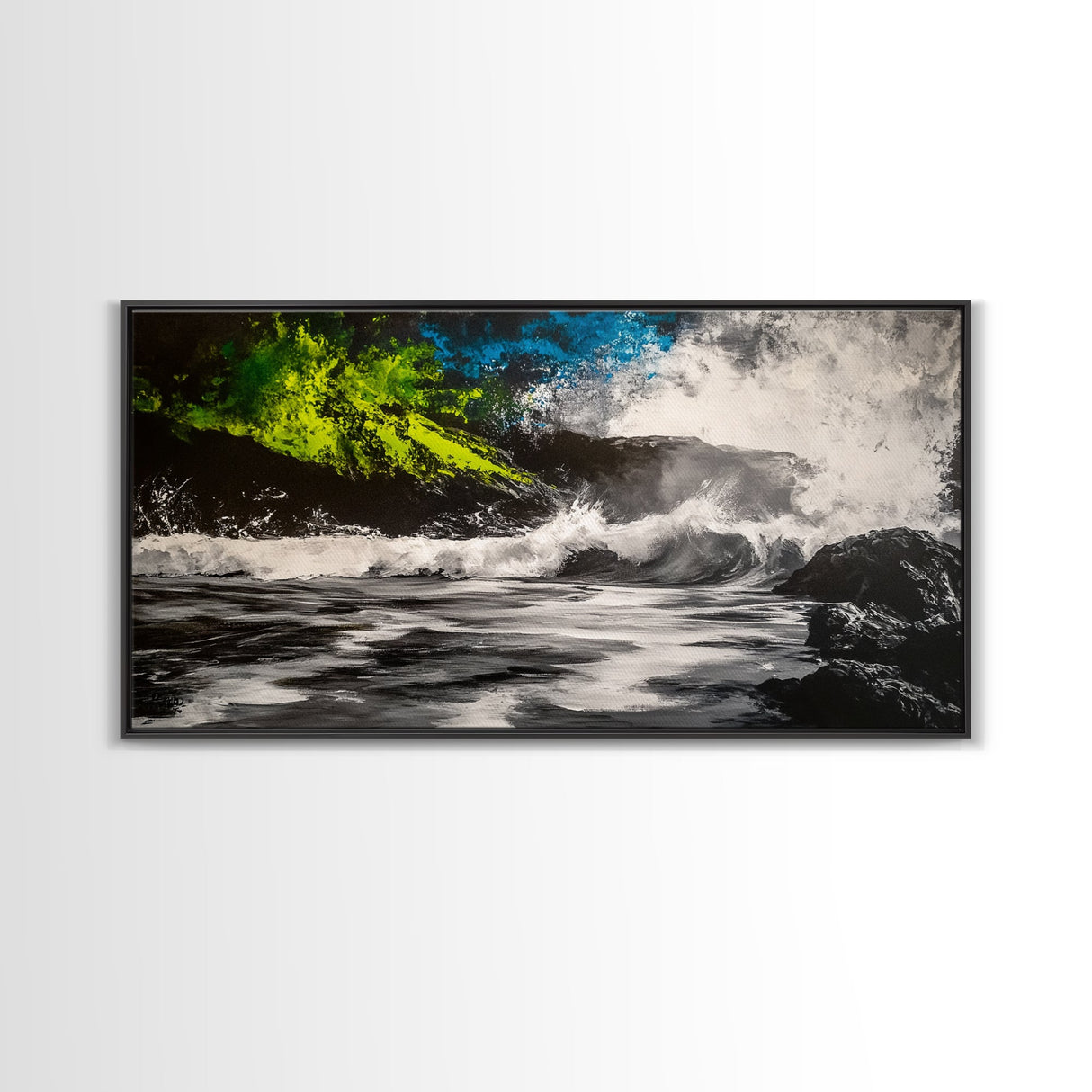 Wild Waves, Ocean Storm, Dramatic Seascape, Coastal Art, Beach House Decor, Framed Canvas Print, Black and White Wall Art, Nature Painting