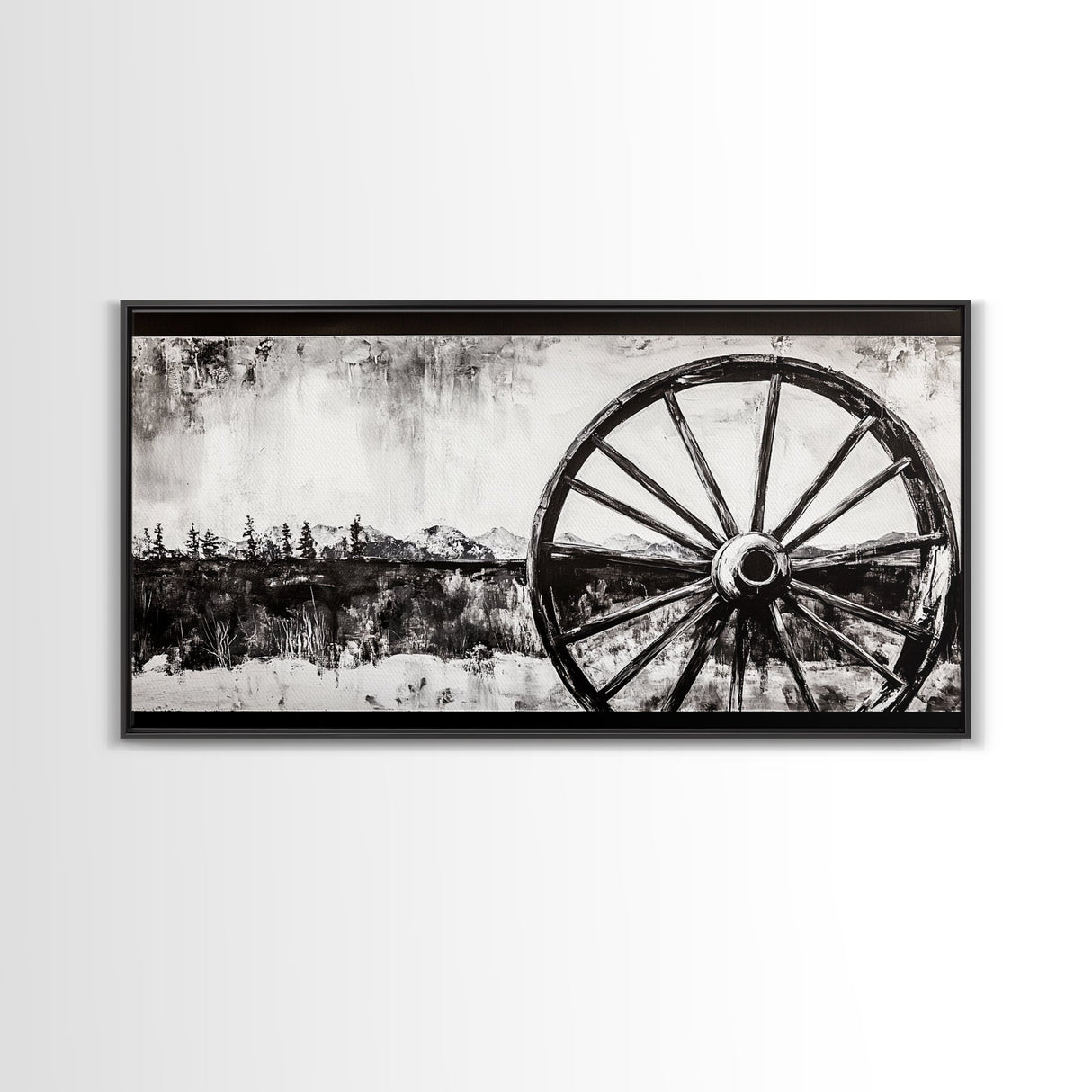 Wagon Wheel, Mountain Landscape, Black and White Western Art, Rustic Home Decor, Framed Canvas Print, Farmhouse Living Room Art