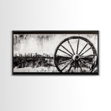 Wagon Wheel, Mountain Landscape, Black and White Western Art, Rustic Home Decor, Framed Canvas Print, Farmhouse Living Room Art