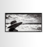 Woman at Beach, Black and White Wall Art, Minimalist Canvas Print, Modern Coastal Decor, Ocean View Art, Living Room Wall Art