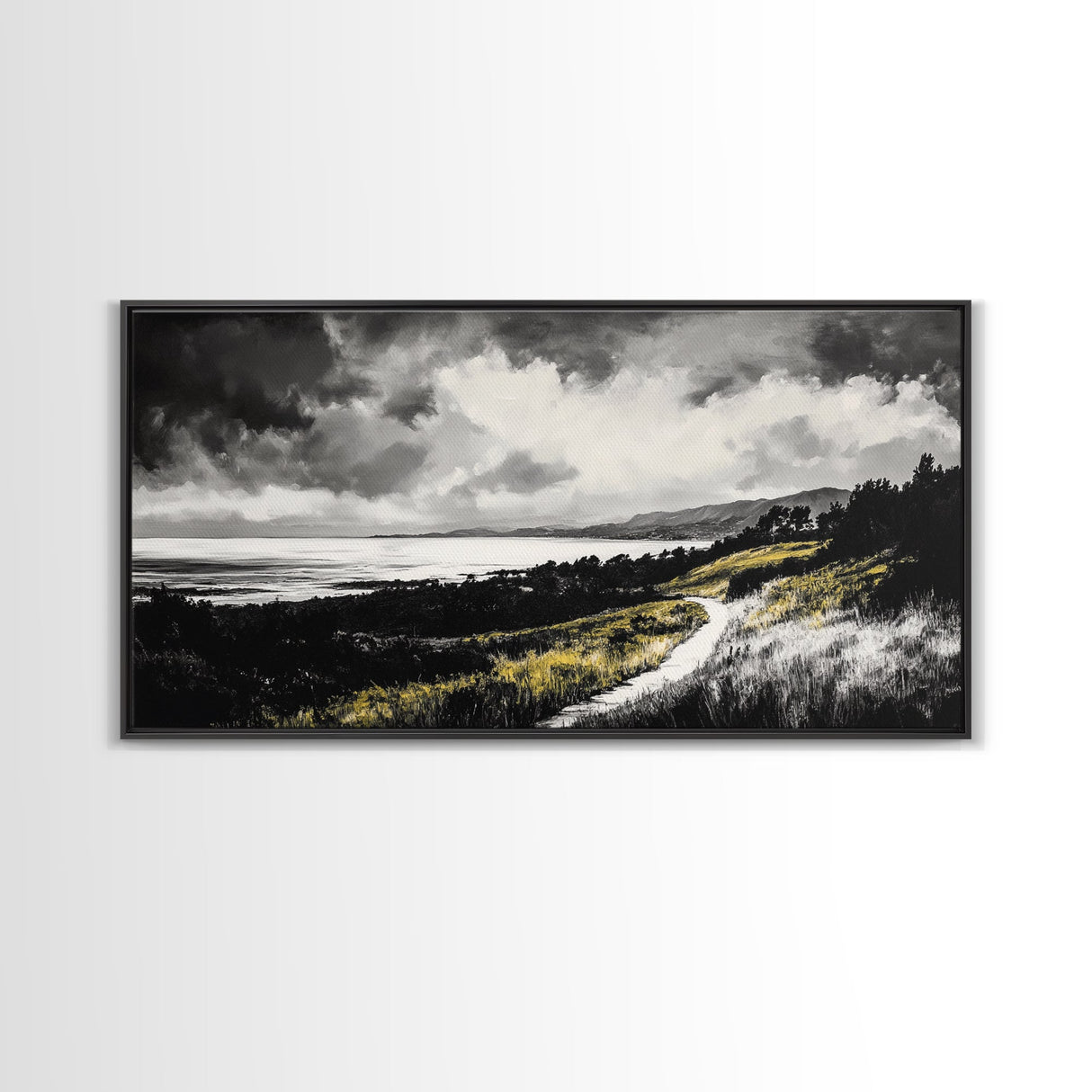 Golden Field, Pathway Landscape, Black and White Art, Moody Sky, Scenic Wall Decor, Office Wall Art, Canvas Print, Minimalist Nature