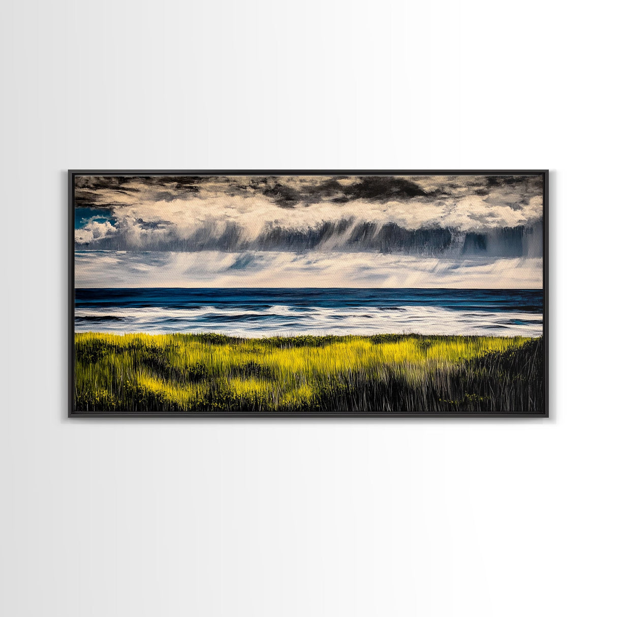 Rain Over Ocean, Blue Seascape, Beach House Decor, Coastal Art, Atmospheric Painting, Nature Inspired, Office Wall Art, Framed Canvas Print
