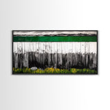 Rustic Fence, Green Landscape, Modern Country Art, Black and White with Color, Nature Inspired, Farmhouse Decor, Serene View, Canvas Print