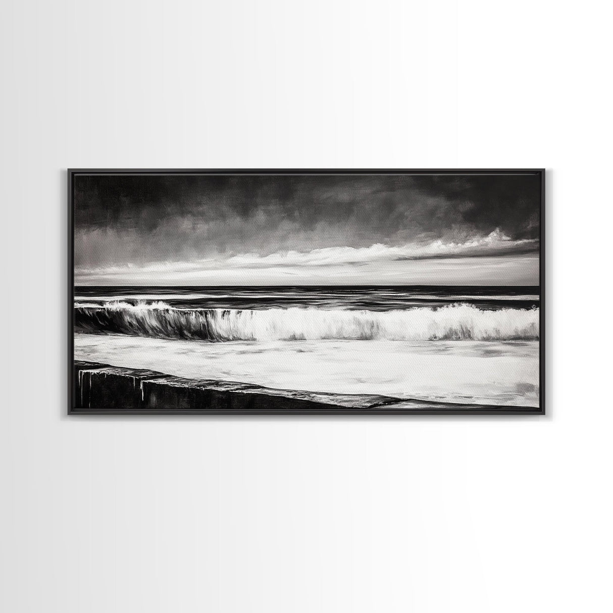Monochrome Ocean, Rolling Waves, Black and White Beach Art, Framed Canvas Print, Minimalist Seascape, Coastal Wall Decor, Bedroom Art