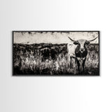 Texas Longhorn, Rustic Farmhouse, Black and White Western Art, Framed Canvas Print, Country Home Decor, Rustic Living Room Wall Art