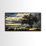 Solitary Tree, Dramatic Sky, Western Landscape, Rustic Nature, Southwest Art, Framed Canvas Print, Living Room Decor, Bold Earthy Painting