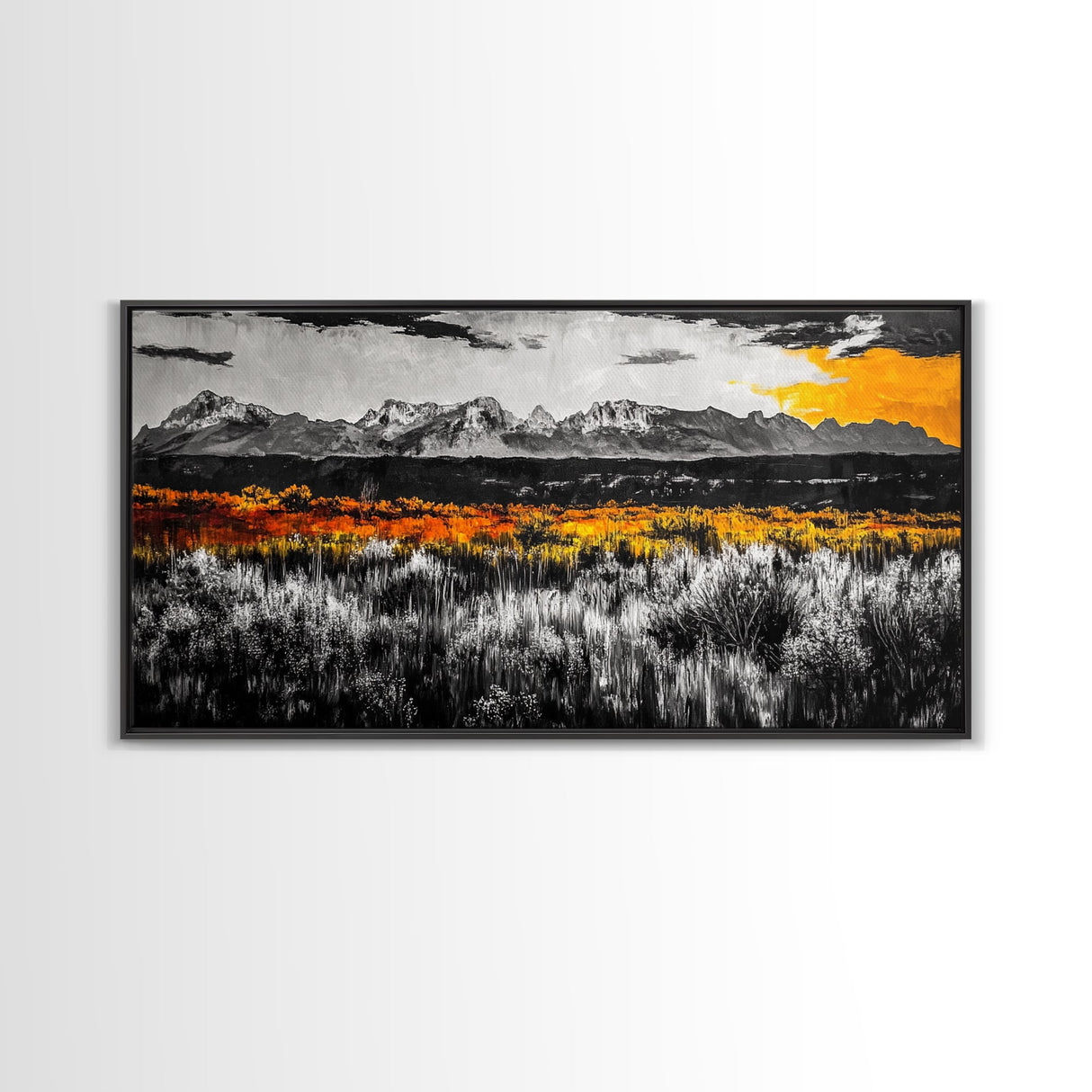 Mountain Range, Autumn Colors, Rustic Landscape, Moody Sky, Warm Tones, Framed Canvas Print, Cabin Wall Decor, Living Room Art