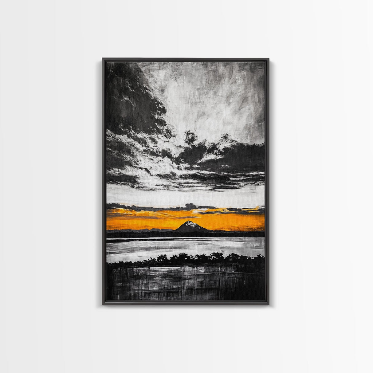 Volcanic Sunset, Black and White, Dramatic Sky, Framed Canvas Print, Moody Wall Art, Modern Landscape, Office Decor, Nature Aesthetic