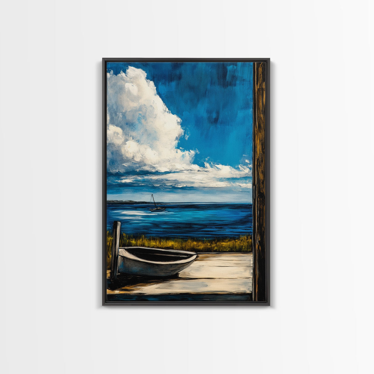Seaside Serenity, Wooden Dock, Tranquil View, Framed Canvas Print, Ocean Wall Art, Coastal Living, Beach House Decor, Nautical Aesthetic