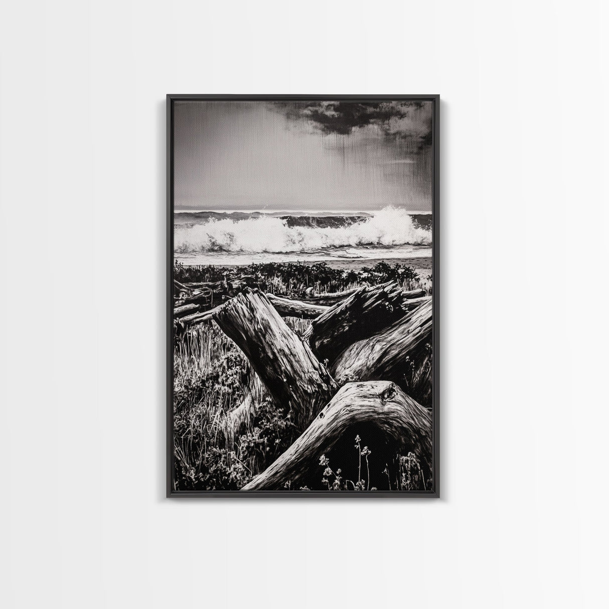 Ocean Waves, Stormy Sky, Framed Canvas Print, Coastal Wall Art, Black and White Seascape, Beach House Decor, Nautical Art, Modern Style