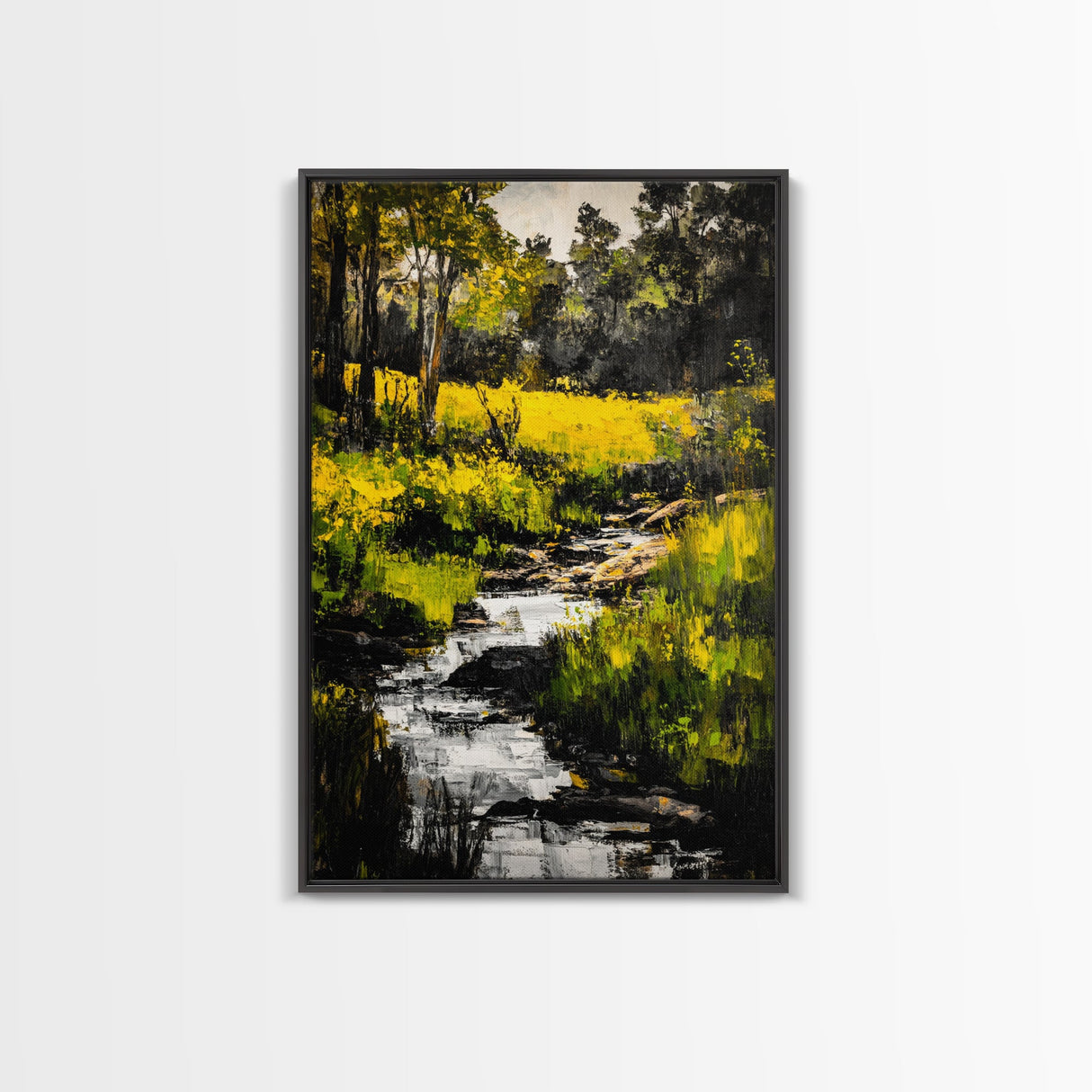 Stream Forest, Impressionist, Framed Canvas Print, Nature Wall Art, Greenery Landscape, Relaxing Home Art, Living Room Decor, Country Style