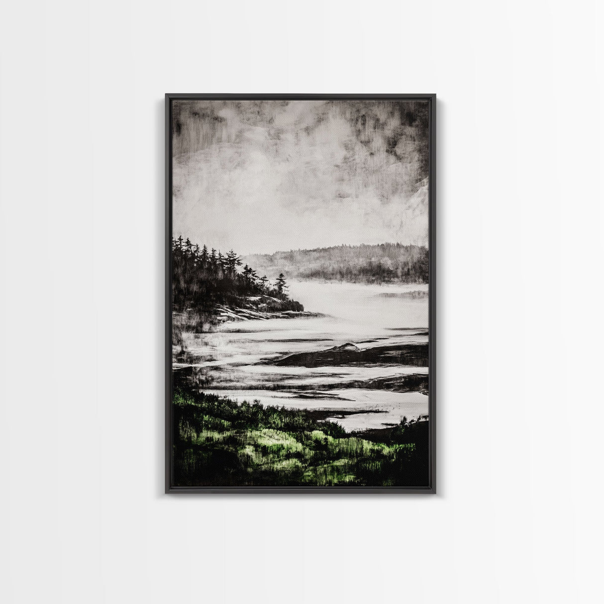 Misty Mountain View, Black and White Landscape, Minimalist Nature Wall Art, Bedroom Decor, Framed Canvas Print, Neutral Aesthetic