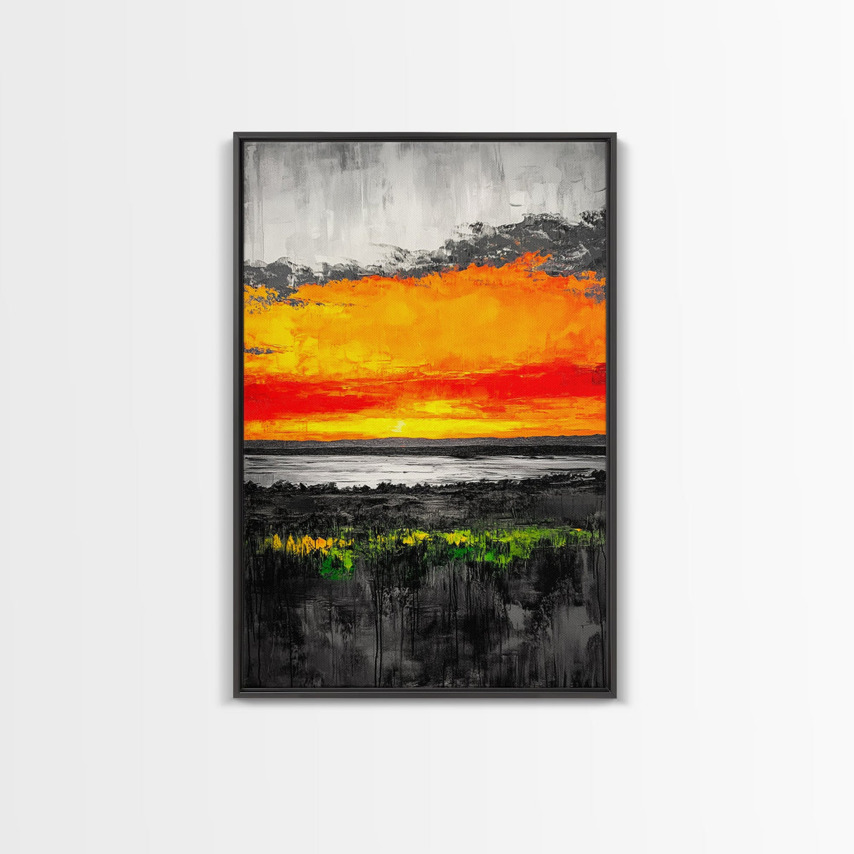 Fiery Sunset Glow, Dramatic Sky Painting, Vibrant Landscape Art, Living Room Decor, Bold Color Wall Art, Framed Canvas Print