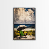 Seaside Relaxation Art, Green Beach Chair, Black White Umbrella, Ocean Scene, Serene Wall Decor, Nautical Home Artwork, Canvas Print