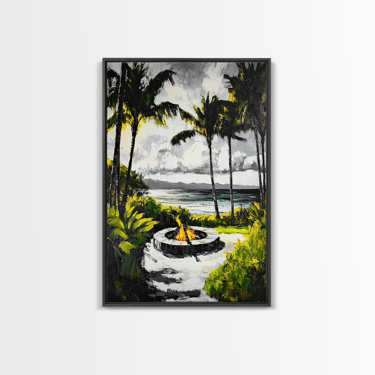 Palm Trees, Fire Pit, Coastal Escape, Beach House Decor, Black and White Art, Tropical Landscape, Canvas Print, Relaxing Wall Art