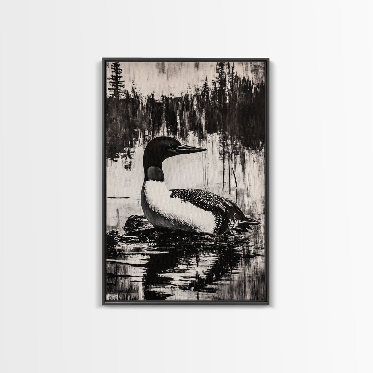 Loon, Lake Reflection, Nature Wall Art, Framed Canvas Print, Black and White Art, Minimalist Decor, Cabin Wall Art, Rustic Home